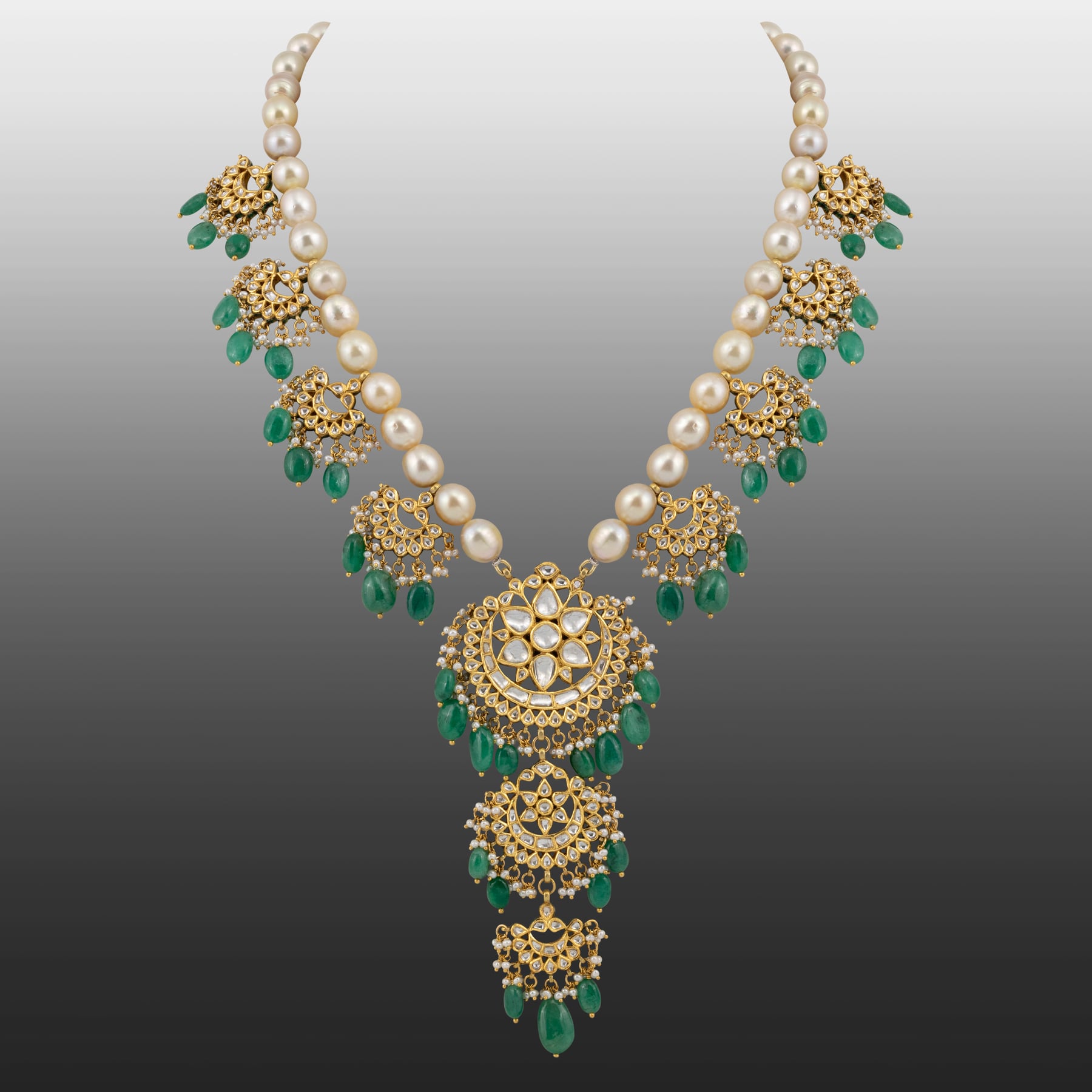 Pearl Chandbali Necklace with Emerald Drops